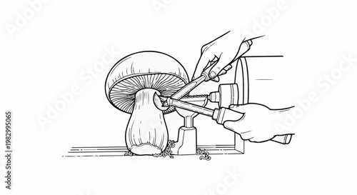 Hands manipulate a mushroom with tools on a stand, illustrating a detailed process