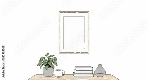 Minimalist shelf display with framed artwork, potted plant, cup, books, and vase