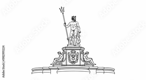 Ornate fountain featuring Neptune with trident on a pedestal, flanked by figures