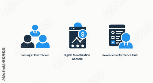 Earnings tracking and revenue performance icons with earnings tracking performance monetization business management analytics dashboard accounting strategy corporate development platform