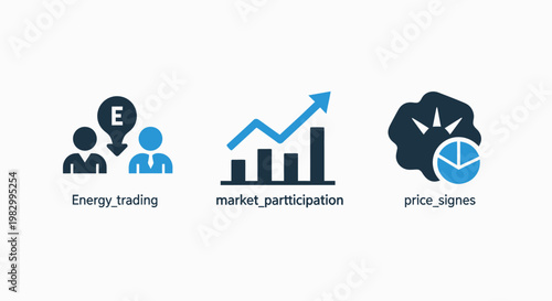 Energy trading and market participation performance icons set with participation business electricity analysis industry economics management corporate investment statistics technology