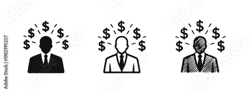 Successful Businessman Thinking About Wealth and Money Icon Set