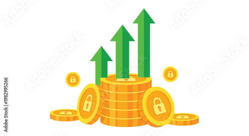 A stack of gold coins with green arrows pointing upwards, symbolizing financial growth and security