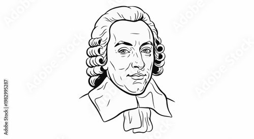 Stylized black and white portrait of a man with a wig