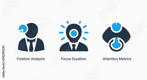 Eye tracking fixation analysis and attention metrics icons with fixation analysis attention tracking business research marketing behavior consumer interface experience development strategy