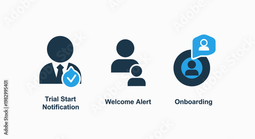 User onboarding and welcome notification icons for software applications with onboarding notification registration application software engagement interface business customer experience
