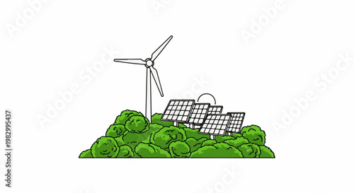 Renewable energy farm with wind turbine and solar panels on green landscape