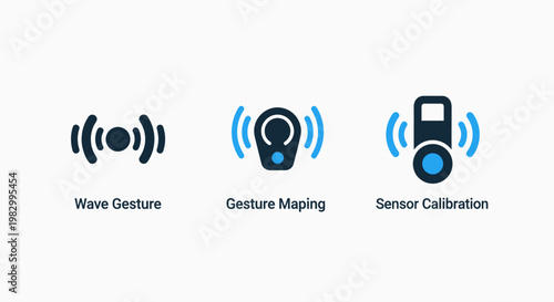 Gesture control and sensor calibration technology icon set with calibration technology tracking interface interaction detection movement automation advanced robotics electronic wireless