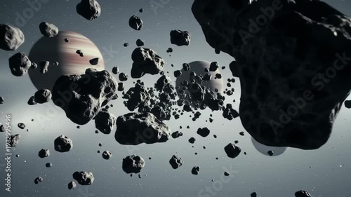 Asteroid field and planets in outer space, universe exploration, science.