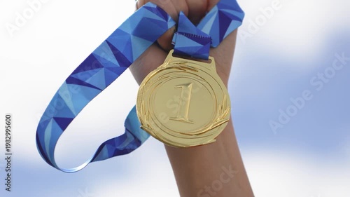 Closeup Of Winner With Ribbon And Medals. Scenic Scene Capturing Champion After Victorious Sports Event