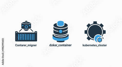 Set of three icons representing container management software and kubernetes orchestration with container orchestration kubernetes software infrastructure technology deployment automation