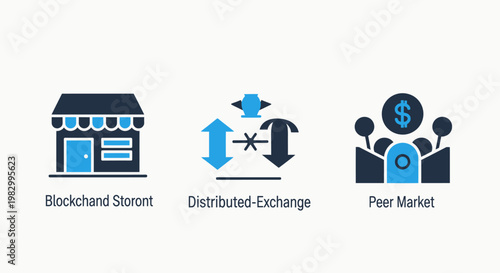 Blockchain store distributed exchange and peer market icons set with blockchain distributed exchange business commerce technology decentralized transaction cryptocurrency internet graphics