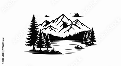 Stylized mountain range with pine trees and lake, a serene natural scene