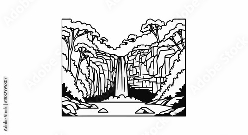 Stylized waterfall cascade amidst lush greenery and rock formations