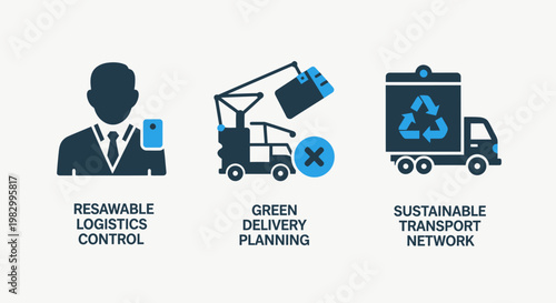 Sustainable logistics and green delivery planning icons with logistics sustainable transport delivery planning business environment recycling shipping distribution management corporate