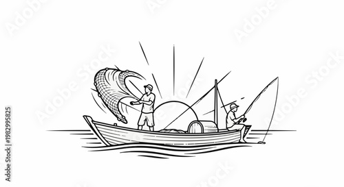 Two fishermen in a boat, one netting a catch, as sun sets
