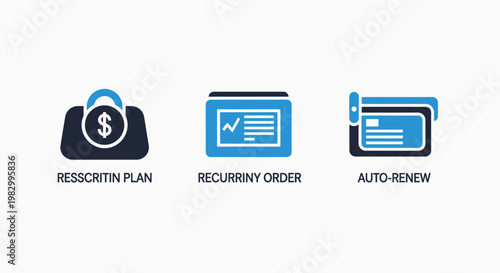 Recurring payment and subscription renewal service icons with subscription recurring financial membership automated business contract transaction commerce management agreement invoicing