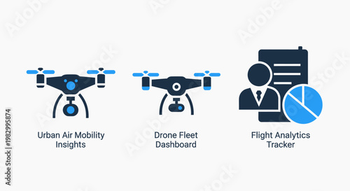 Drone operations and flight analytics icons set with technology analytics business monitoring quadcopter software technical automation management reporting tracking information innovation