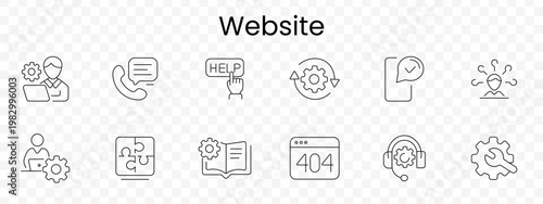 Website set icon. Outline web interface symbols, support operator, phone chat, help button, settings gear, approved document, confused user, puzzle, manual book, error 404 page, headset service