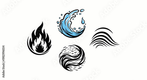 Stylized symbols represent fire, water, and swirling abstract patterns on white