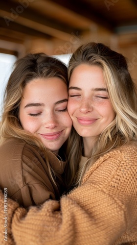 Mother and daughter share a heartfelt hug in a cozy setting surrounded by warmth and love