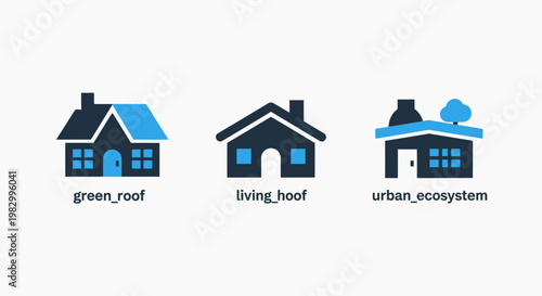 Eco friendly housing and urban ecosystem icons set featuring green roofs and sustainable living homes ecosystem sustainable building environment architecture property efficiency conservation