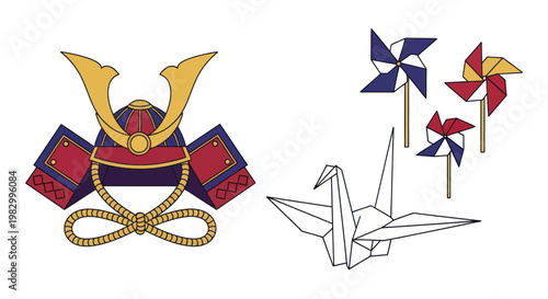 Japanese cultural symbols: Samurai helmet, origami crane, and colorful pinwheels