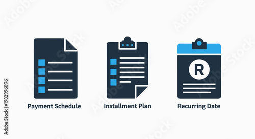 Finance icons showing payment schedule installment plan and recurring payment date schedule installment recurring business document clipboard transaction contract financial management