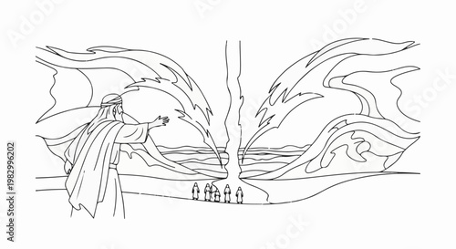 A figure parts a fiery body of water before a group of people