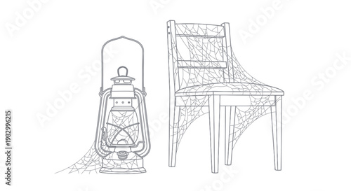 Old lantern and chair covered in spider webs.