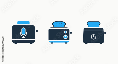 Smart kitchen appliance icons representing toast cooking and voice control with smart home bread slice breakfast time appliance breakfast microphone technology automated domestic equipment