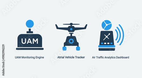 Set of aviation and drone tracking technology monitoring icons with aviation tracking monitoring technology navigation aerospace transport surveillance communication aircraft unmanned