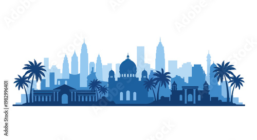 Blue silhouette of a modern city skyline with palm trees and skyscrapers.
