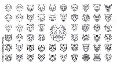 Large collection of minimalist animal head icons in linear vector style