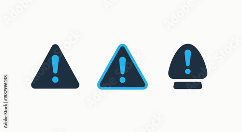 Set of warning and alert notification icons in blue and dark gray with notification attention triangle information interface elements critical problems technical indicator abstract alerting