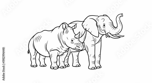 A line drawing shows a rhinoceros and an elephant standing together
