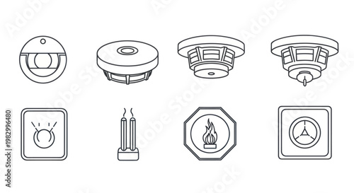 Fire safety system line icons set on white background.