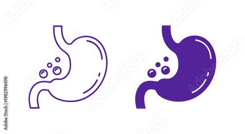 Human stomach icons with bubbles representing digestion and gastric acidity