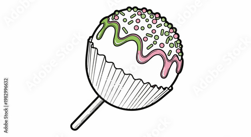 A simple cartoon illustration of a decorated cake pop in a wrapper