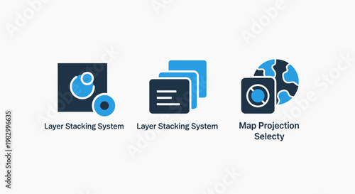Geospatial data visualization icons illustrating layer stacking systems and map projection selection with projection geospatial stacking visualization geography cartography software satellite