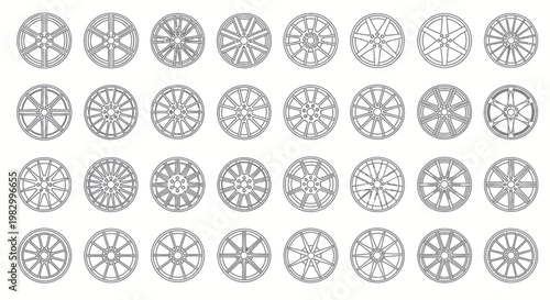 Collection of car wheel rims vector icons.