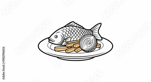 A simple illustration of a whole fish served with french fries and onion rings