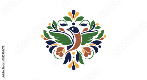Stylized Bird and Floral Folk Art Ornament Design