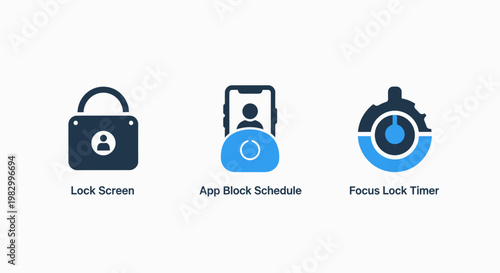 Mobile security and focus management icon set with security application schedule protection management productivity technology interface personal blocking attention software communication