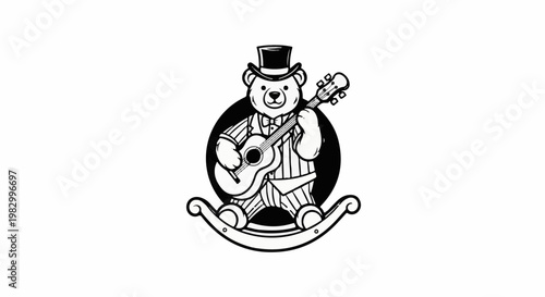 A monochrome drawing of a bear in formal wear playing guitar on a rocker