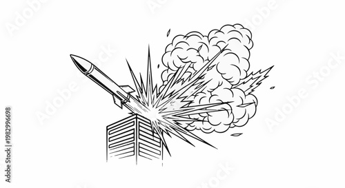A missile strikes a building, causing a large explosion and smoke