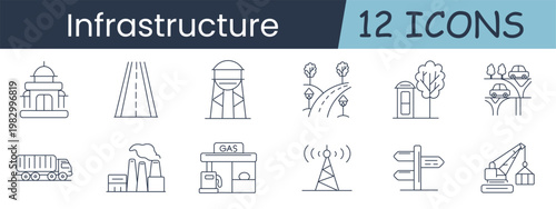 Infrastructure set icon. Collection with government building, highway, construction worker, curved road, phone booth, overpass, truck, factory, gas station, antenna tower, signpost, crane.