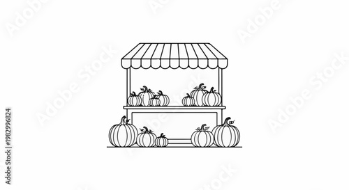A line drawing of a pumpkin stand with various sized pumpkins displayed under a striped awning