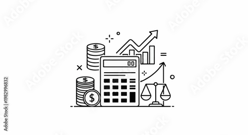 A line art illustration depicting financial growth and balance with coins, a calculator, and scales