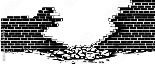 Broken Black Brick Wall with Rubble and Grass White Background debris